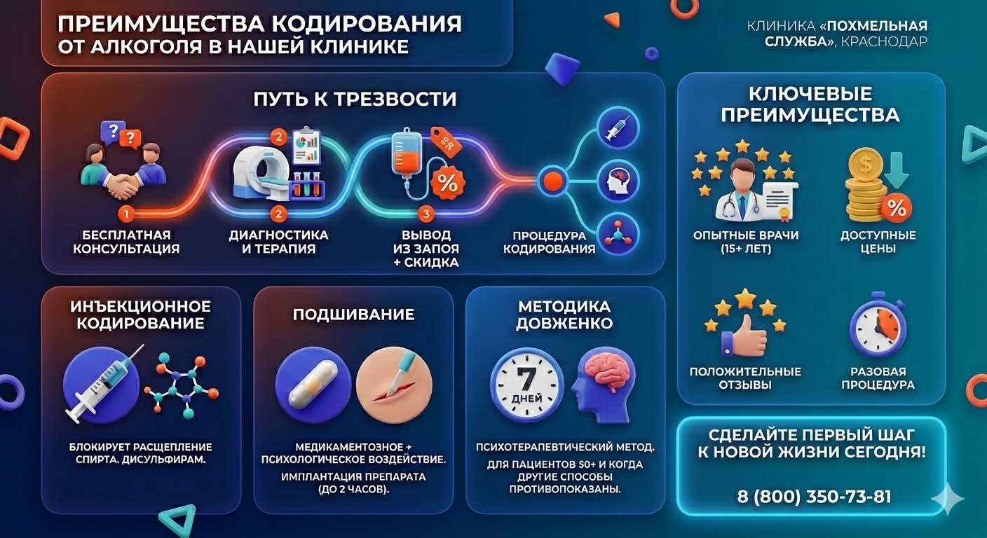 Инфографика о методах кодирования от алкоголя в Усть-Калманке: инъекции, подшивание, метод Довженко. Преимущества клиники и этапы лечения.
