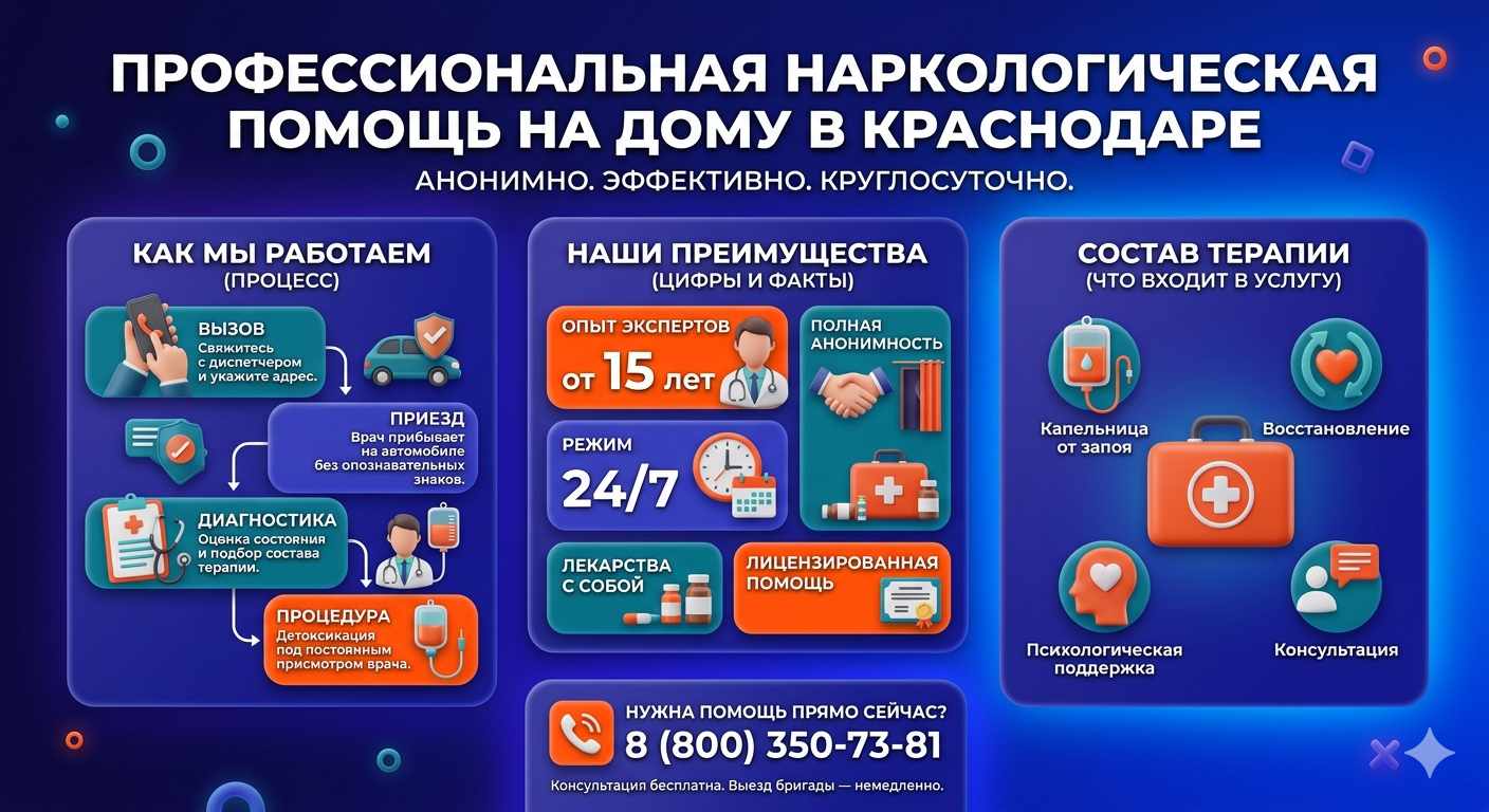 Инфографика о принципах лечения алкоголизма на дому в Усть-Калманке: этапы вызова нарколога, преимущества анонимной детоксикации и состав медицинской помощи.